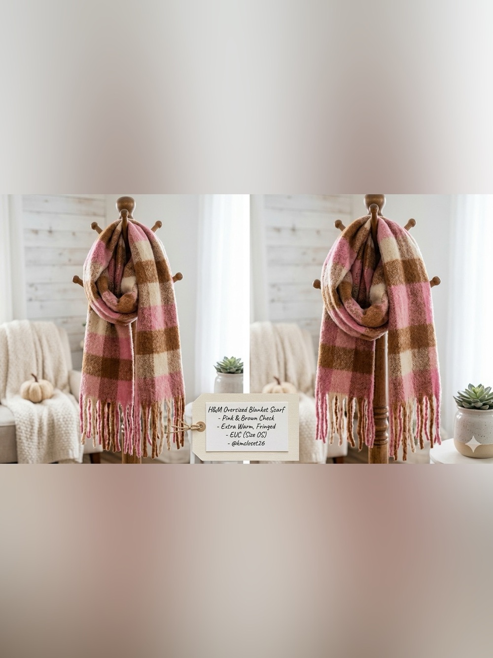 H&M Oversized Plaid Blanket Scarf Pink & Brown Ultra Warm Fluffy Fringed EUC